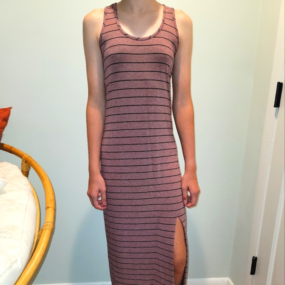 Kiara Maxi Dress, Women's Small, Light Maroon with Black Stripes